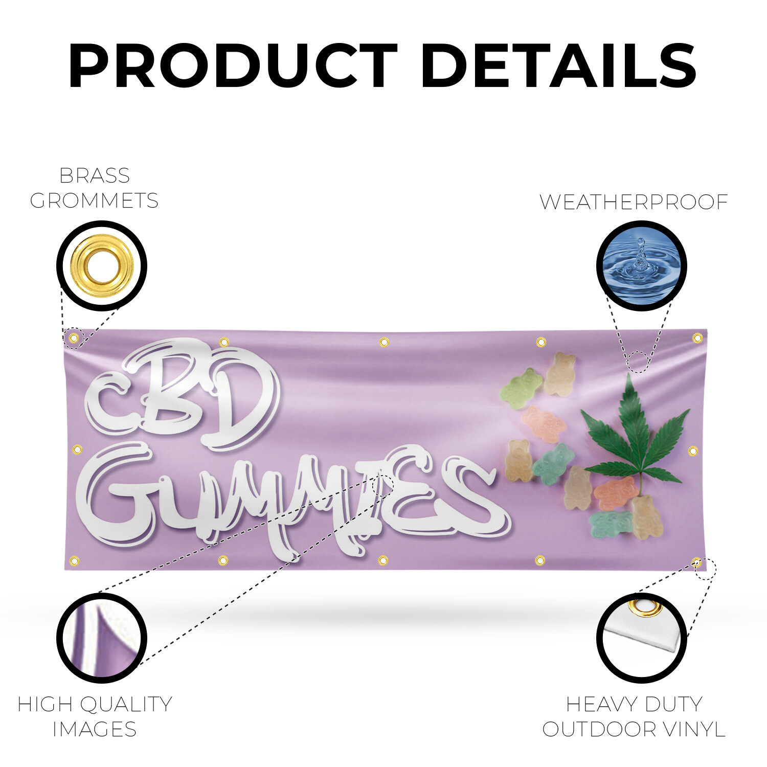 CBD Gummies 13 oz Vinyl Banner Sign with Metal Grommets Heavy-Duty Single-Sided