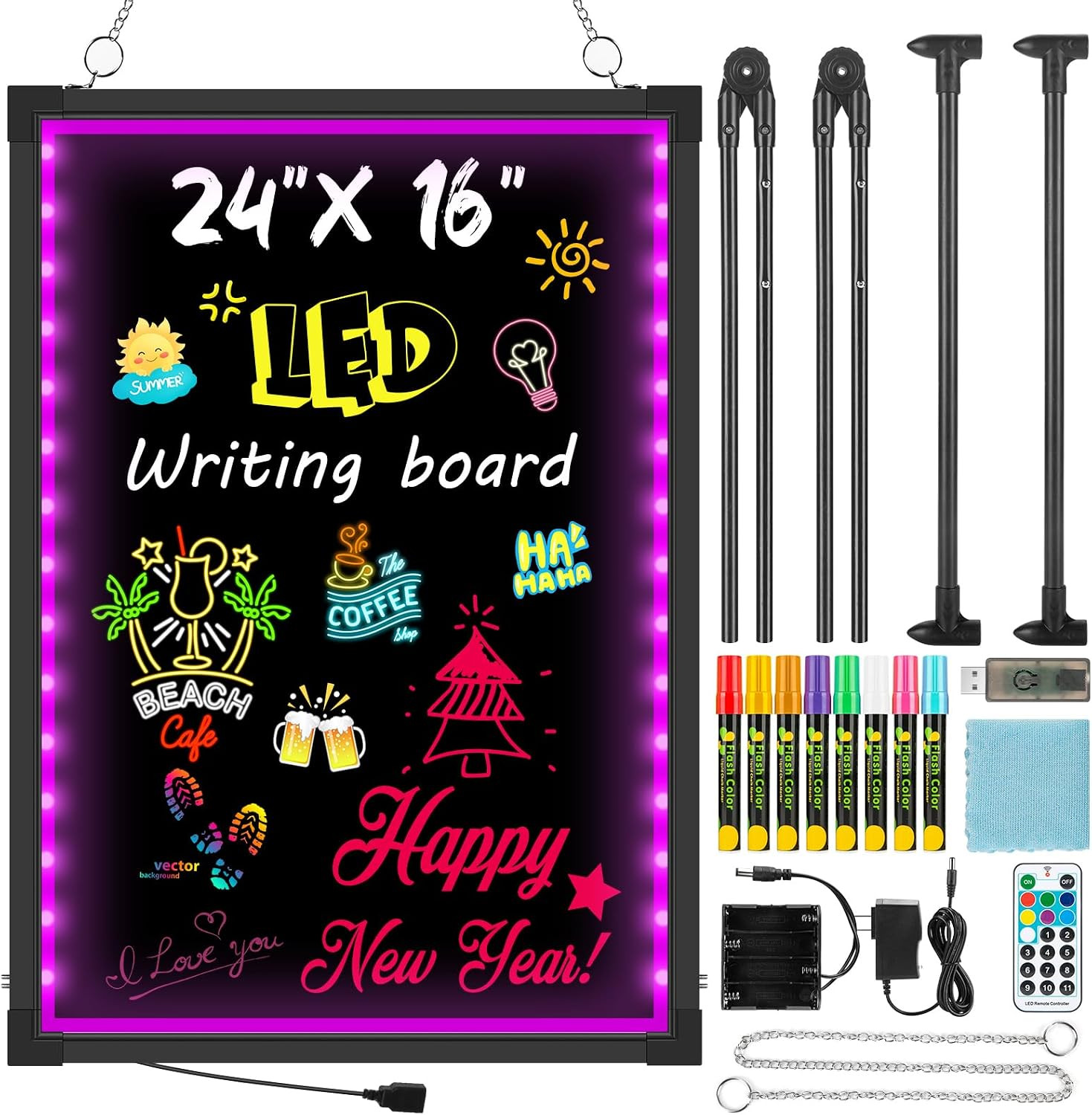 LED Menu Board, 24″ X 16″ LED Writing Board with Remote Control, Flashing Illumi
