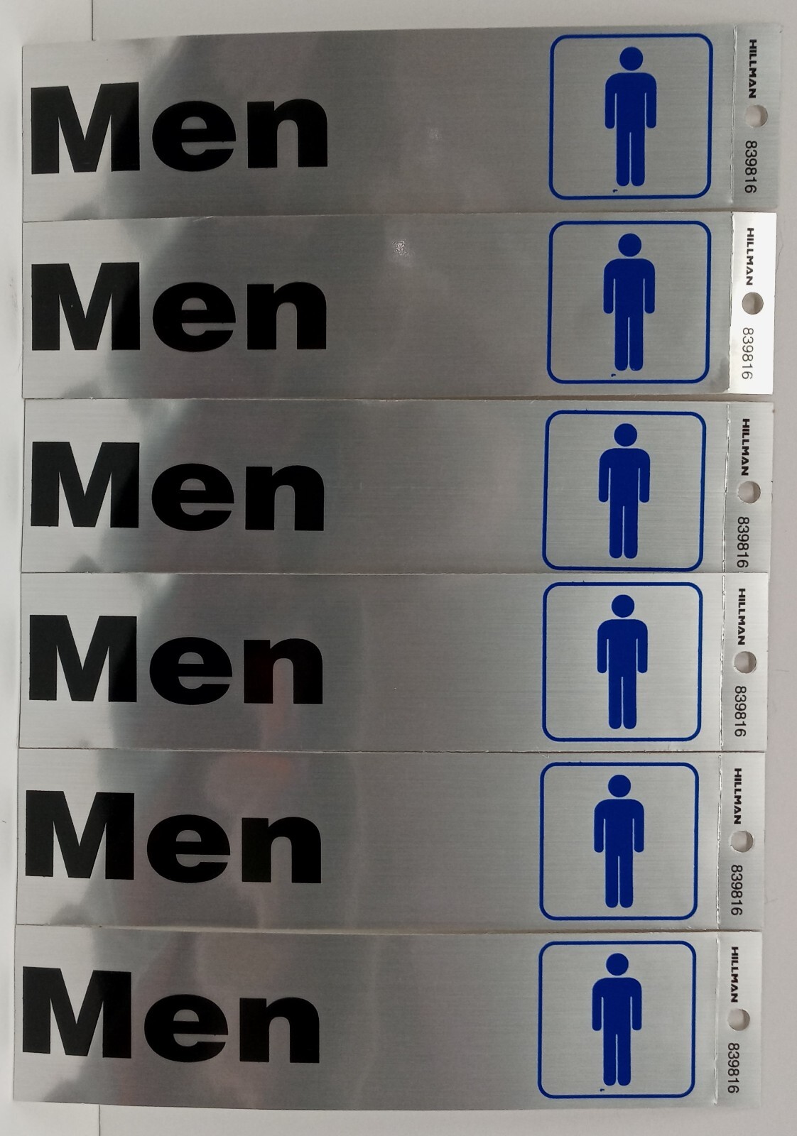 Lot of 6 Men’s Restroom Door Sign Adhesive Silver Aluminum 2×8″ Hillman 839816