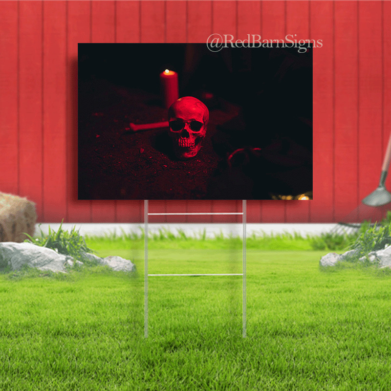 Skull and candle in a dark red light Halloween yard sign