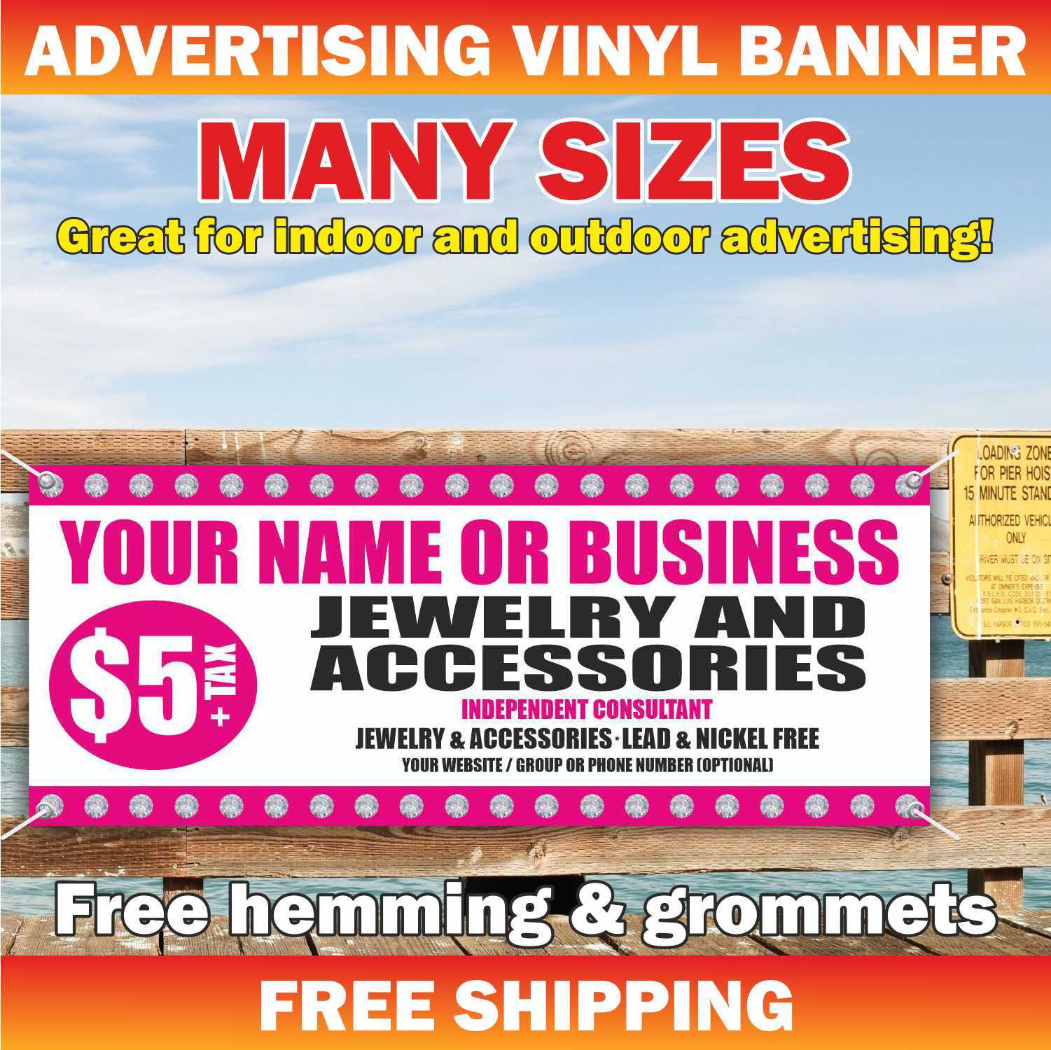 JEWELRY ACCESSORIES Advertising Banner Vinyl Mesh Sign Custom Business Name Shop