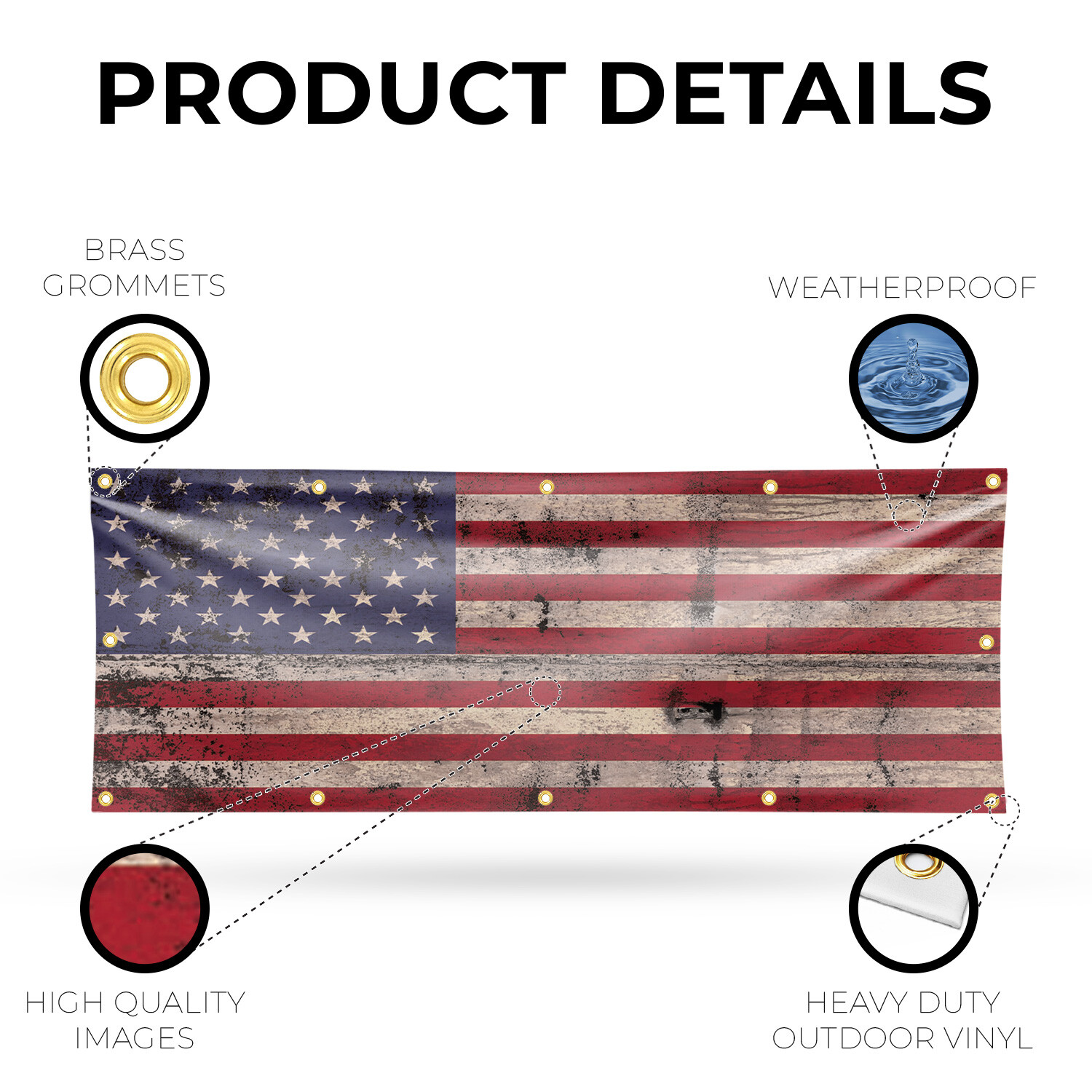 Rusty American Flag Vinyl Banner Sign with Metal Grommets Heavy-Duty