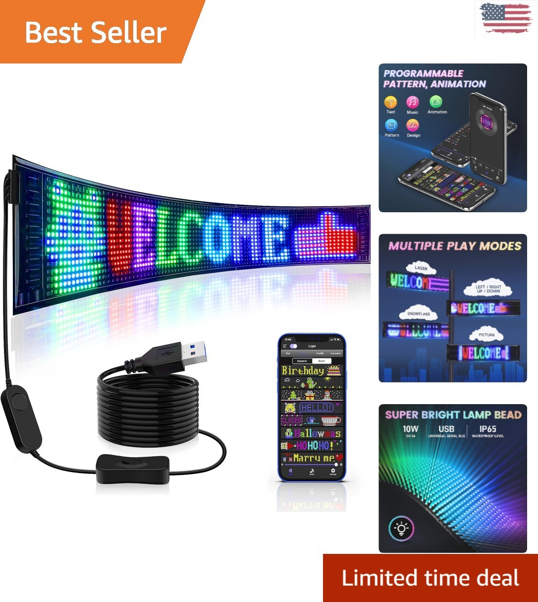 Versatile 27” x 5” LED Display Sign – Bluetooth Control for Creative Marketing