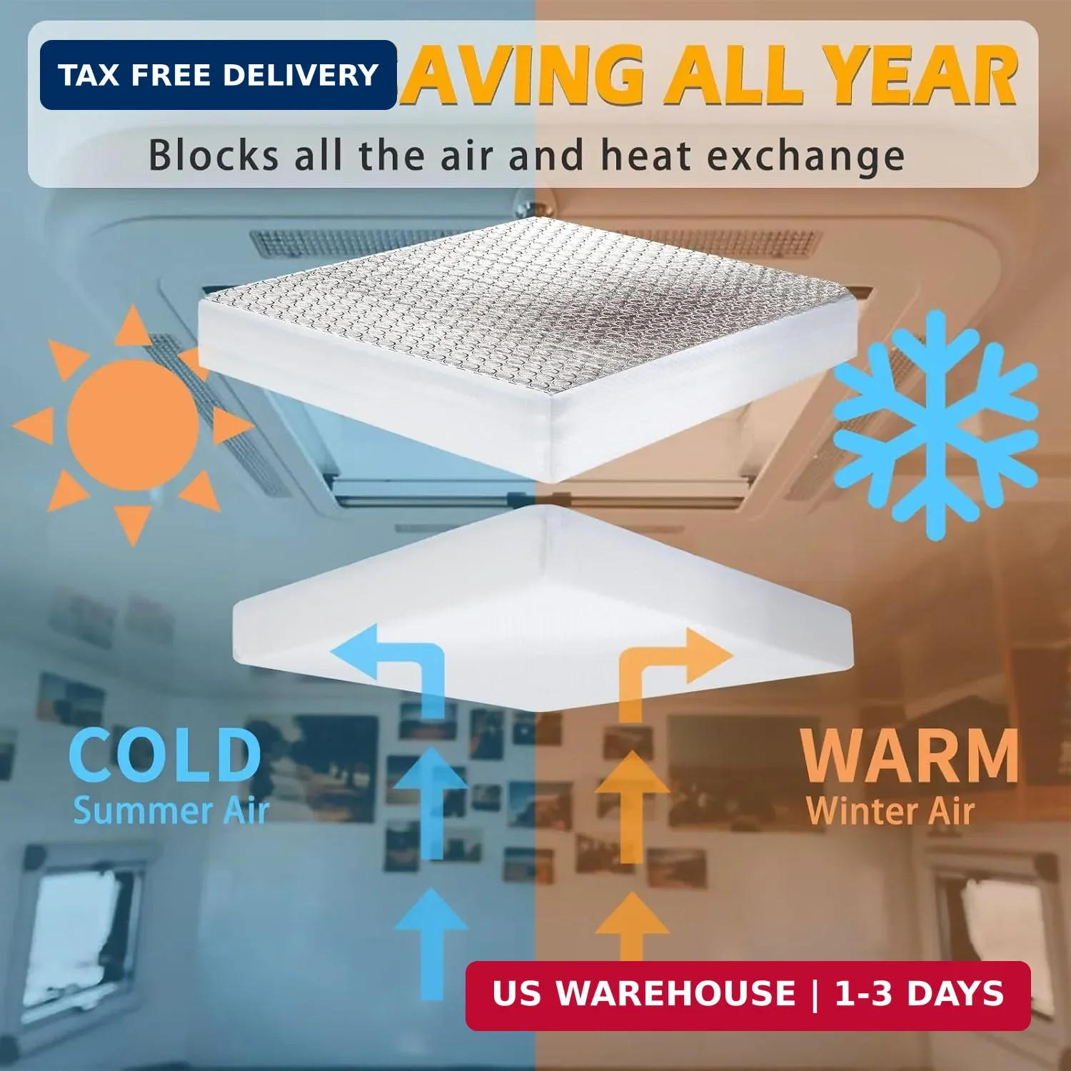 RV Vent Insulator Energy Saving RV Skylight Cover 14″x14″, 2 Pack | Aluminum Foi