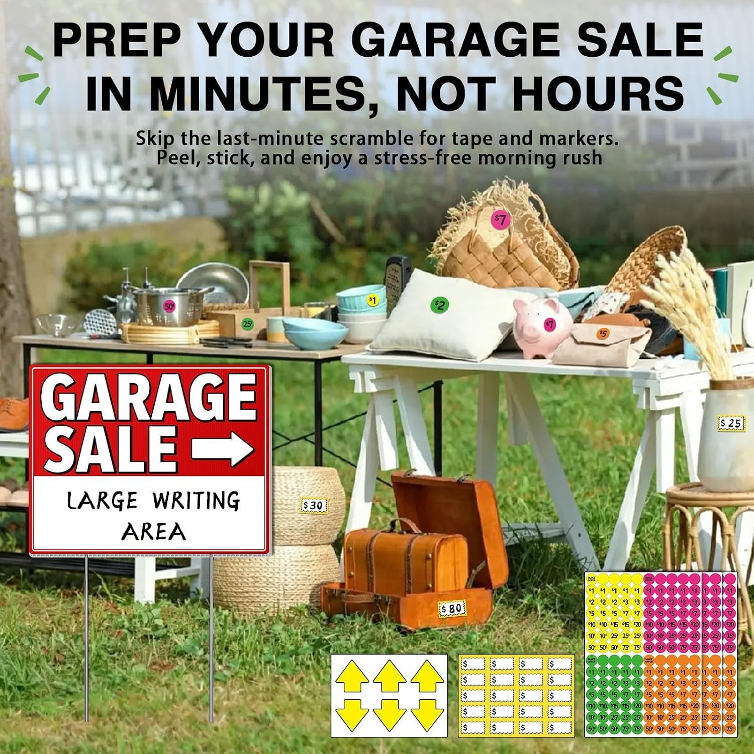Garage Sale Signs with Stakes 3 Pack Kit – Double Sided Yard Sale Signs with …