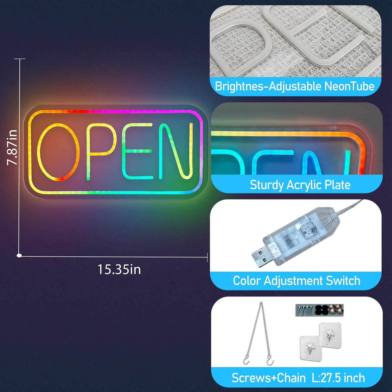 Open Signs for Business, 16.5″x 9″ Dimmable Led Neon Open Sign Ultra Bright L…