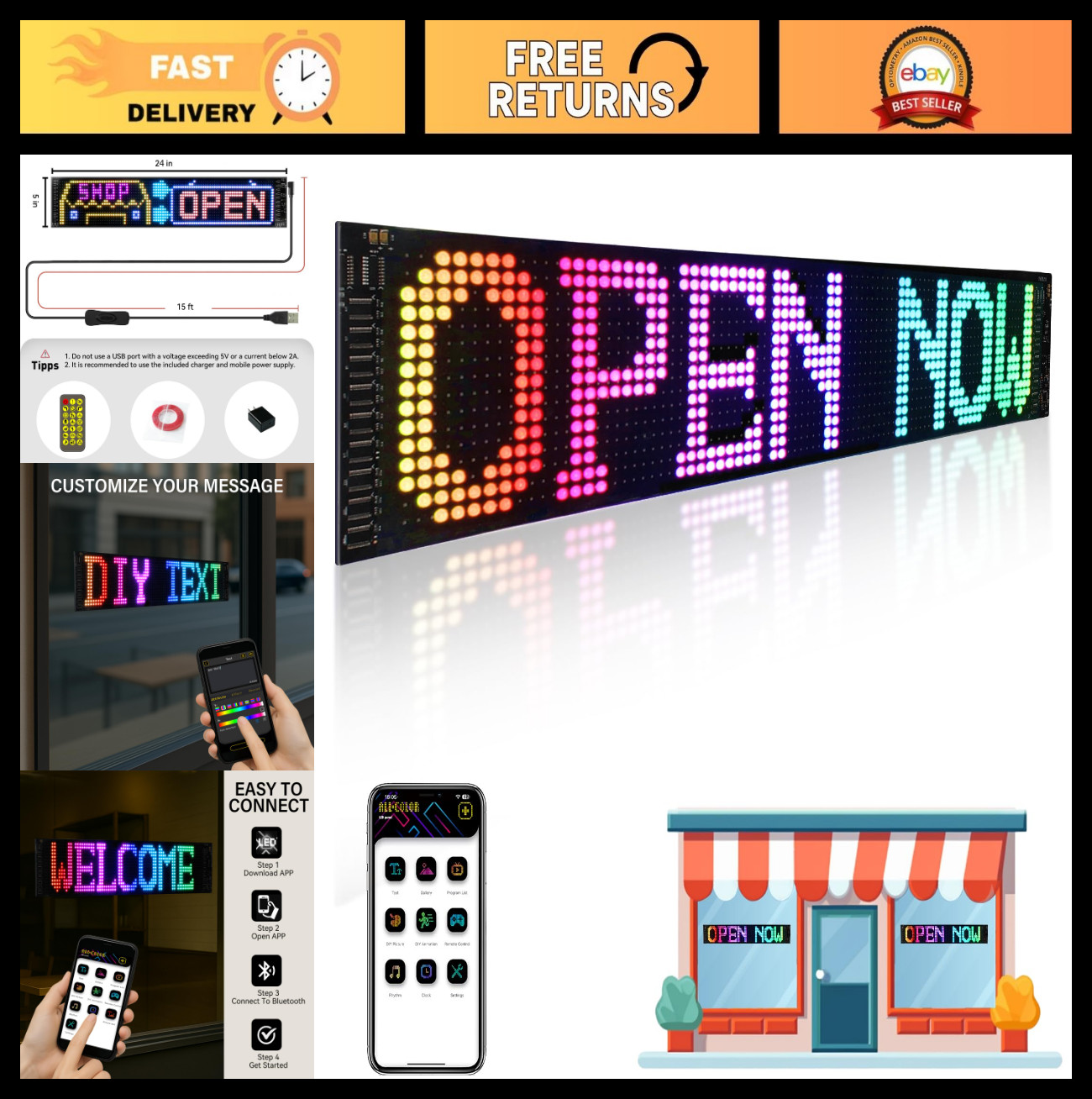 24”x5” Bluetooth Programmable LED Sign – Custom Scrolling Text, Timer, Brightn