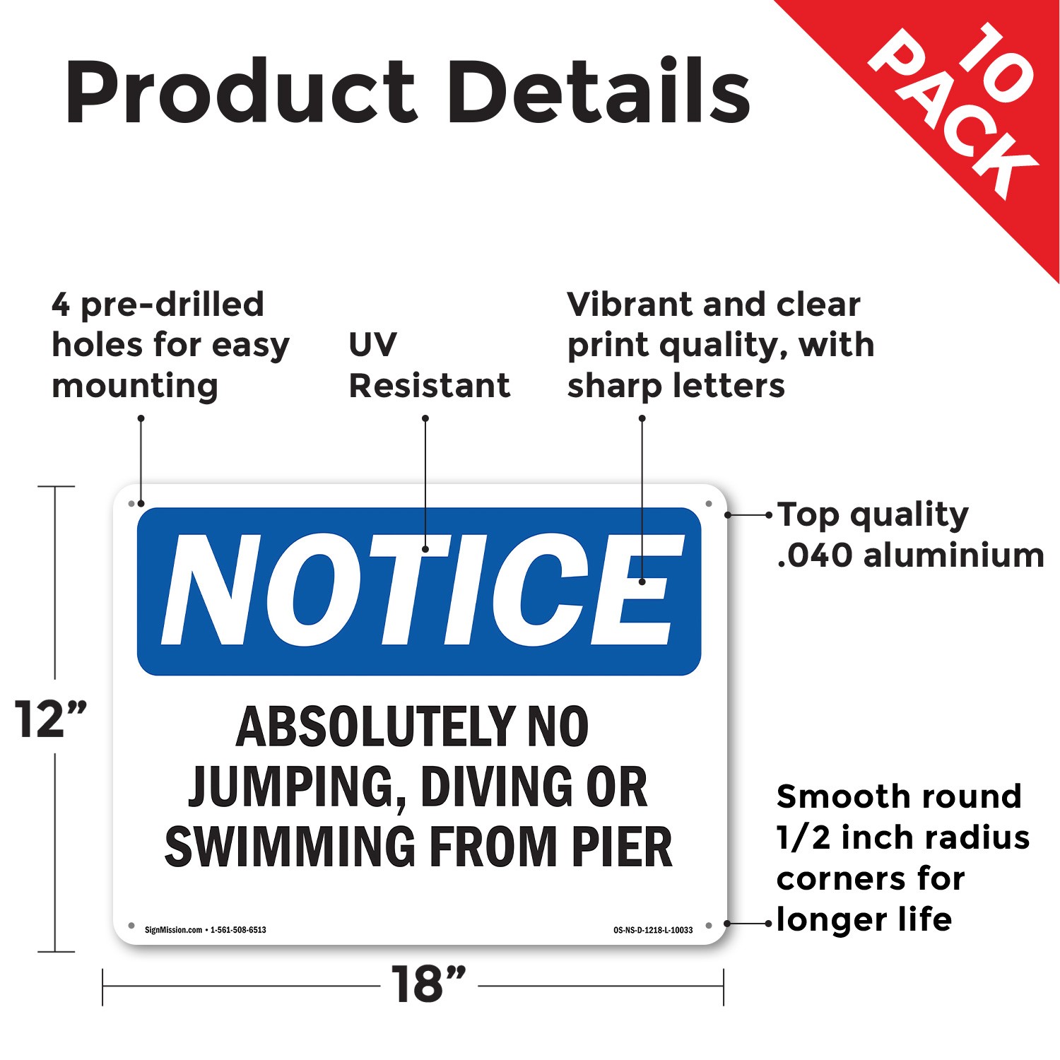 Absolutely No Jumping Diving Or Swimming OSHA Notice Sign, Decal 5 or 10 Pack