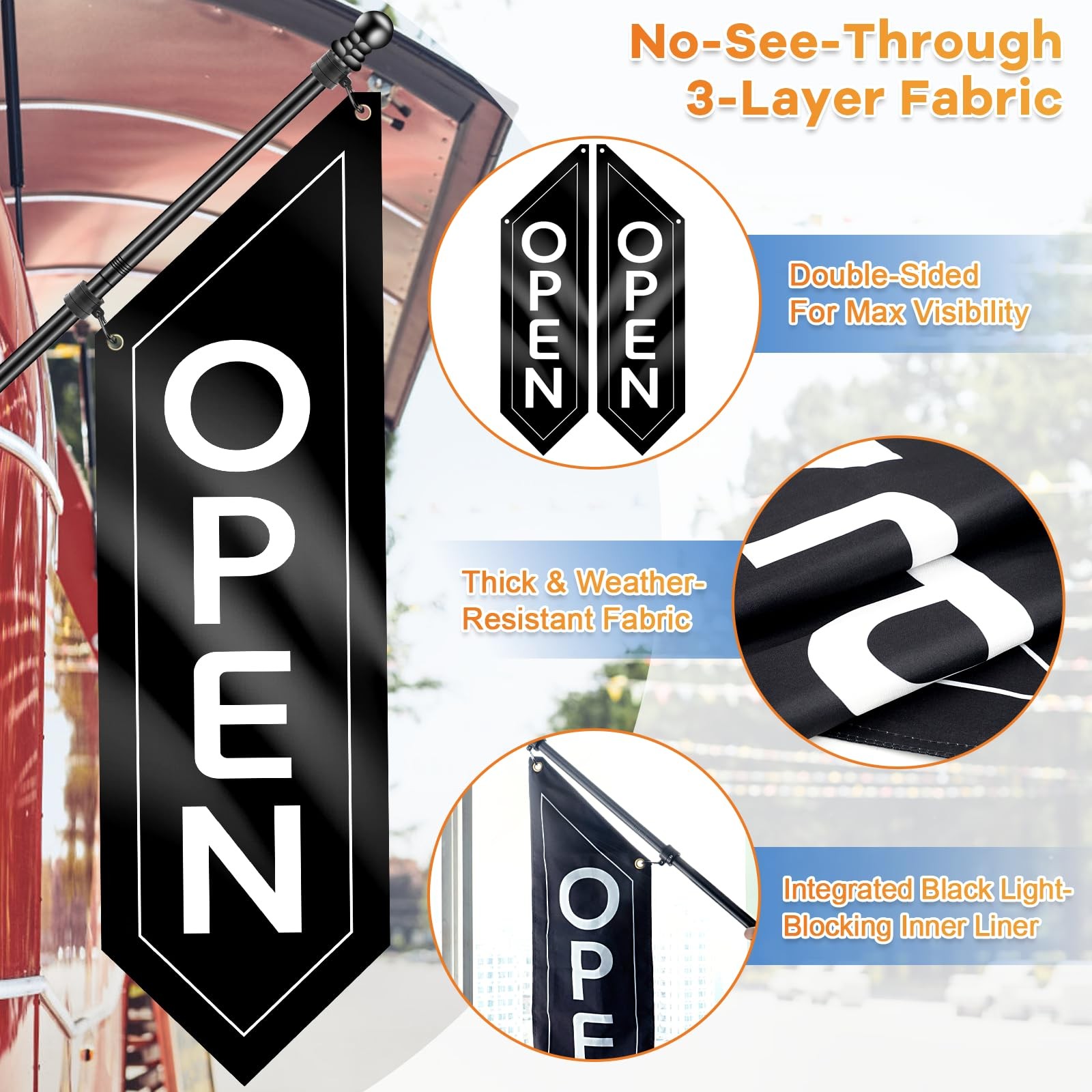 Open Flag with Pole Kit – Heavy Duty Double-Sided Open Banner for Business St…