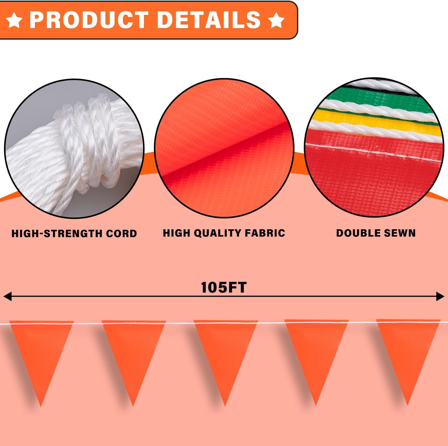105Ft Pennant Banner Flags, 7X10 Orange 45 Pcs High Visibility Safety Flagging o