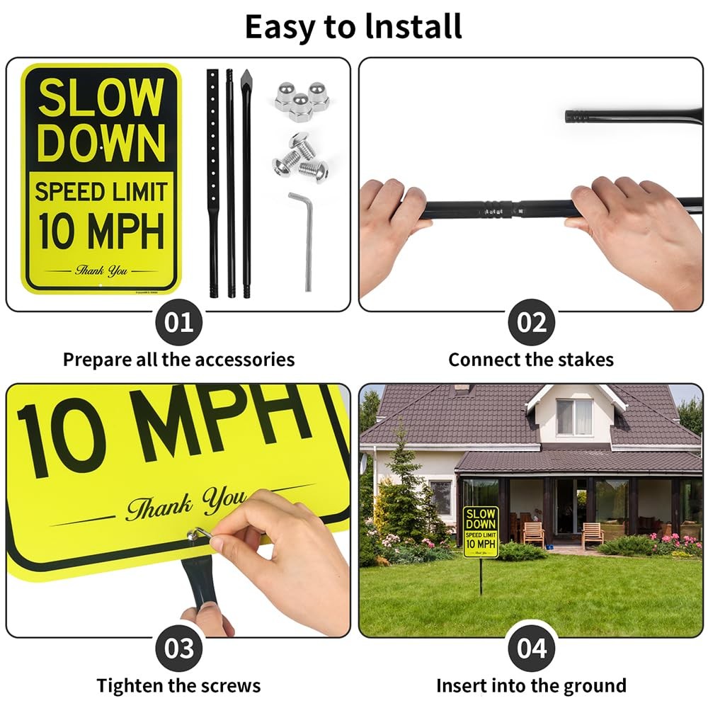 Large Slow Down Speed Limit 10 MPH Sign 54 Metal Stake 17 x 12 Aluminum