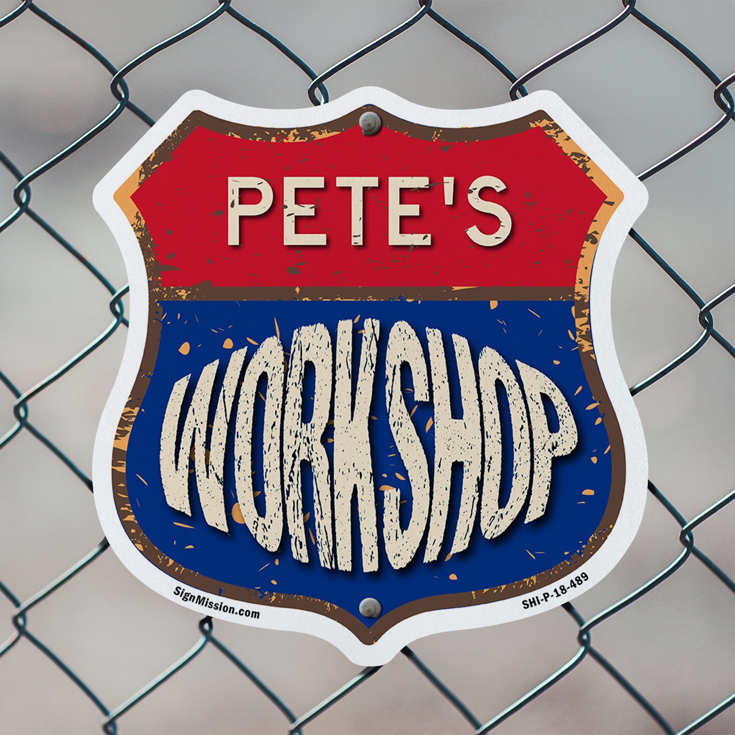 Pete’s Workshop Shield Shaped Sign Weather Resistant Crafted in the USA