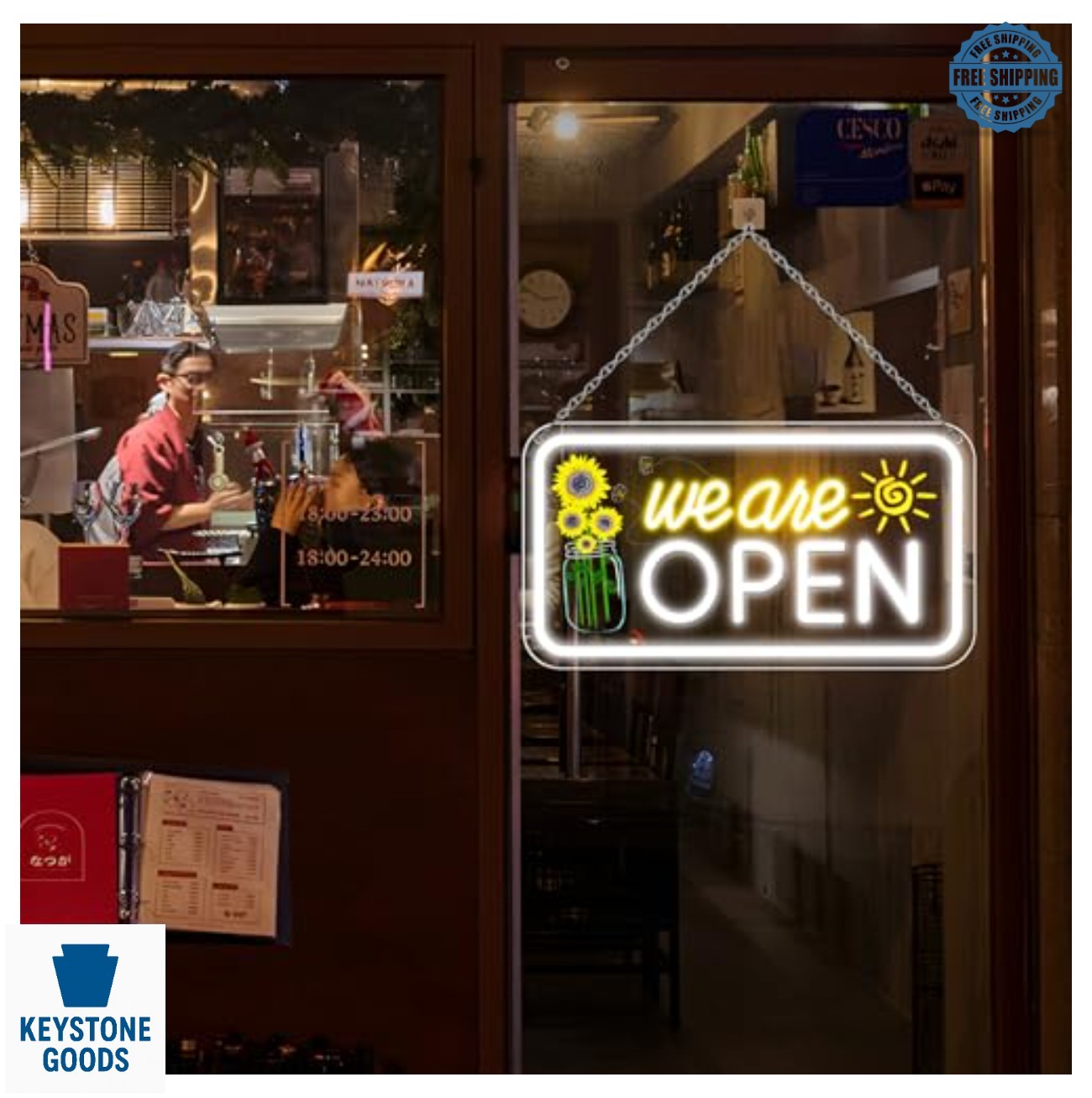 LED Neon Open Sign 16.5 Inch Business Storefront Window Light Flower Sun Design