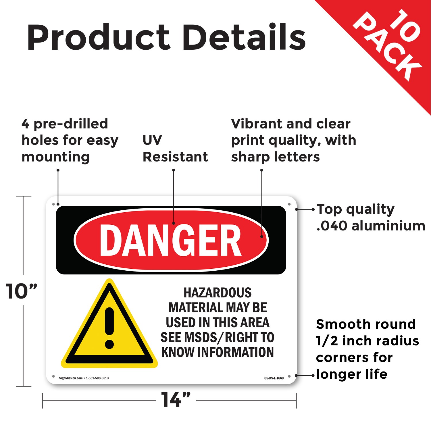 Hazardous Material May Be Used In This Area OSHA Danger Sign, Decal 5 or 10 Pack