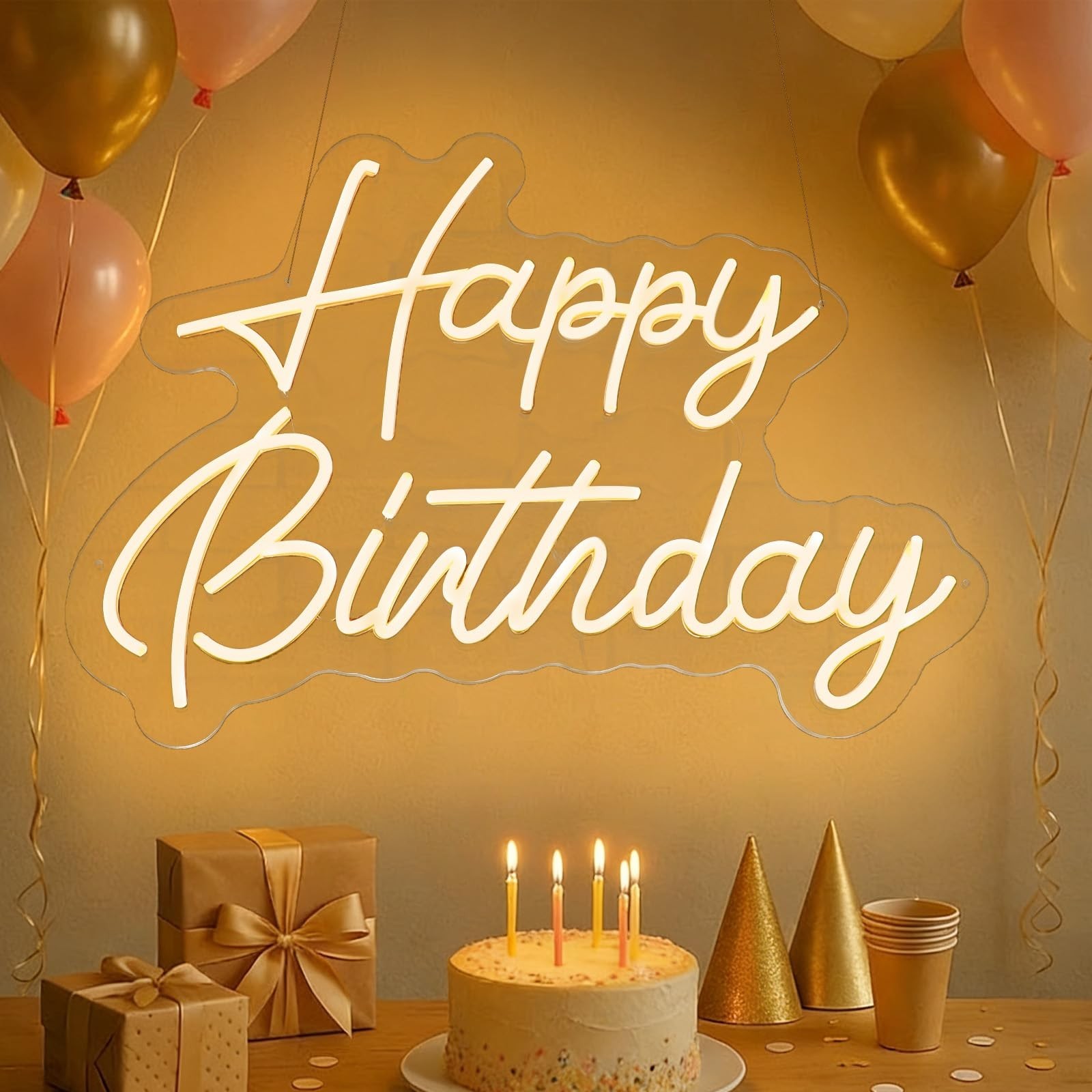 Happy Birthday Neon Sign, 22×16.9 Inch Large Warm White Dimmable LED Light