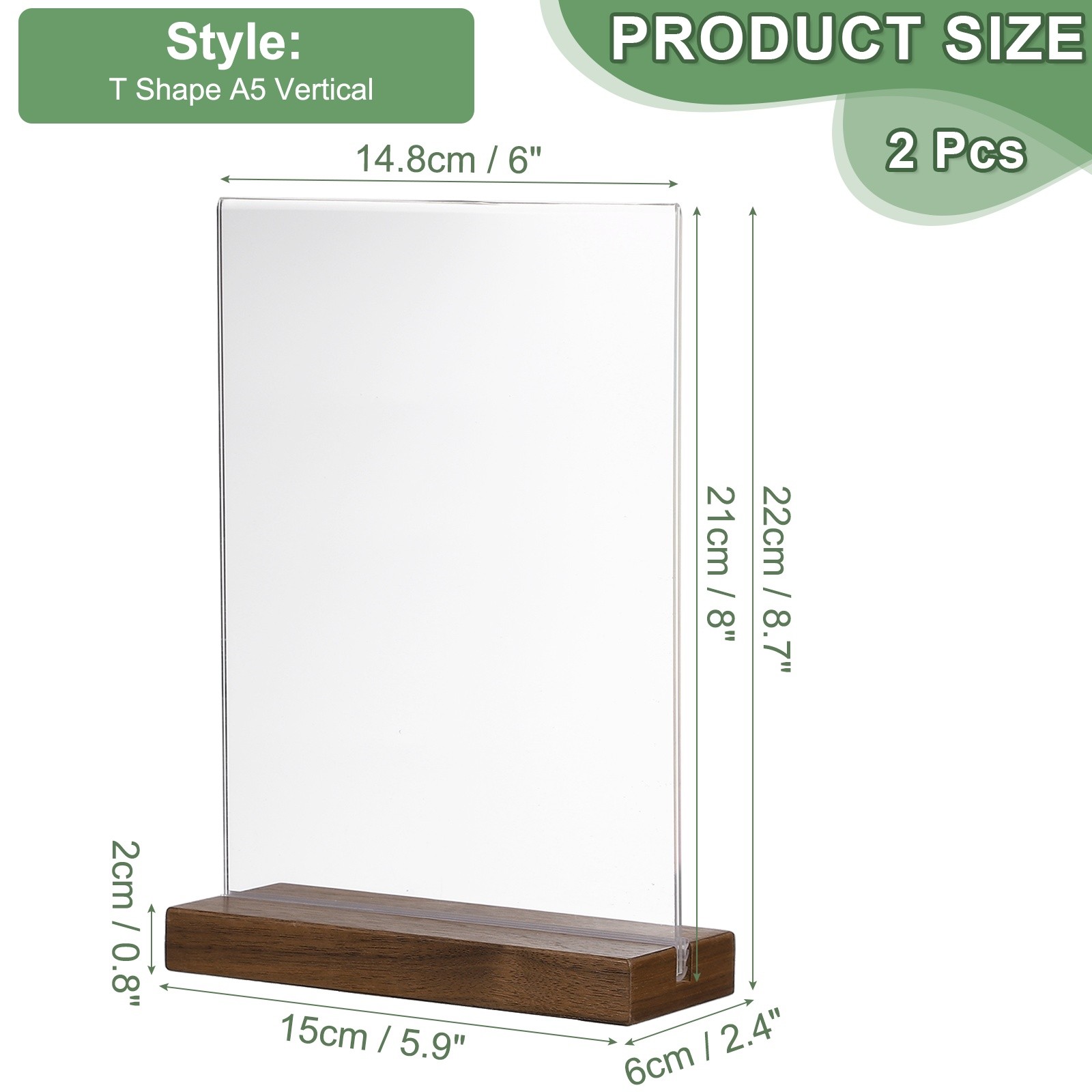 6″ x 8″ Acrylic Sign Holder Wood Base, 2Pcs T-Shape A5 Clear Holder Vertical