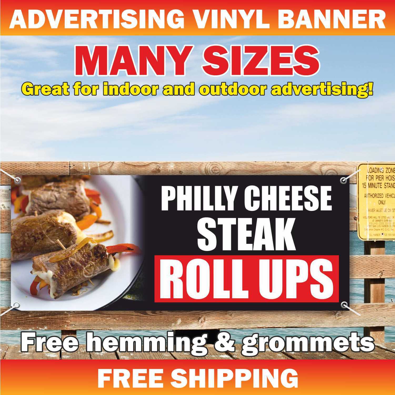 PHILLY CHEESE STEAK ROLL UPS Advertising Banner Vinyl Mesh Sign Food Baked Bar