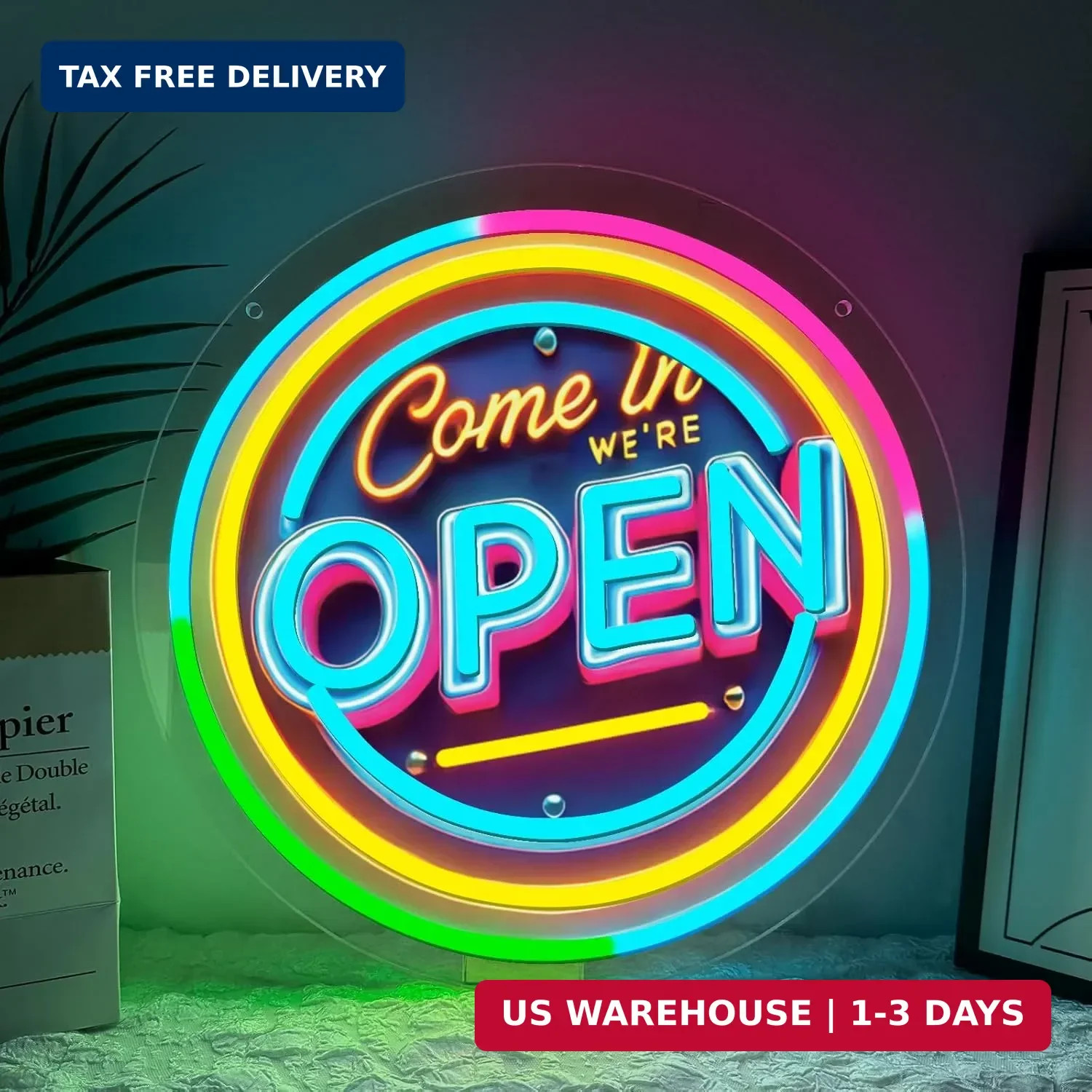 Neon Open Sign for Business, 13 * 13” Colorful Adjustable Brightness Come in We