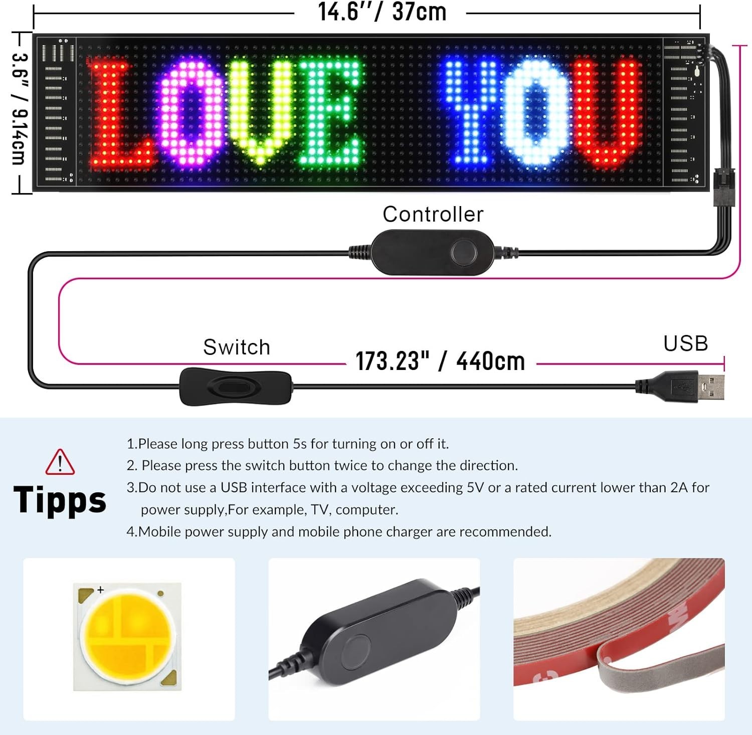 Scrolling Bright LED Sign Flexible USB 5V Bluetooth App Control Custom Text