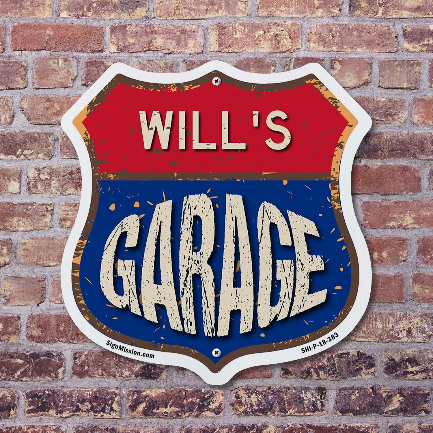 Will’s Garage Shield Shaped Sign Weather Resistant Crafted in the USA