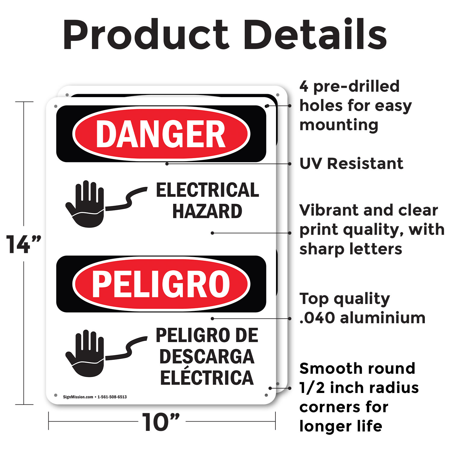 (2 Pack) Electrical Hazard Bilingual OSHA Danger Sign Decal Metal Plastic