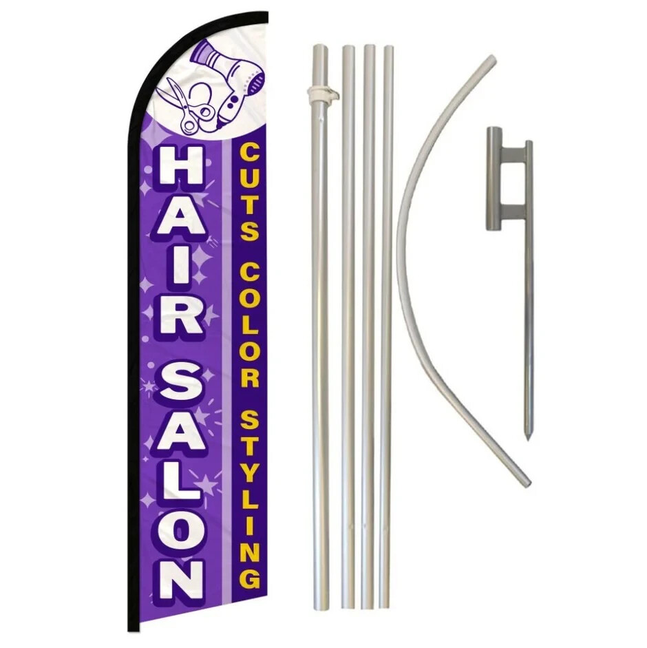Hair Salon Windless Advertising Banner Flag & Pole Kit (Purple)