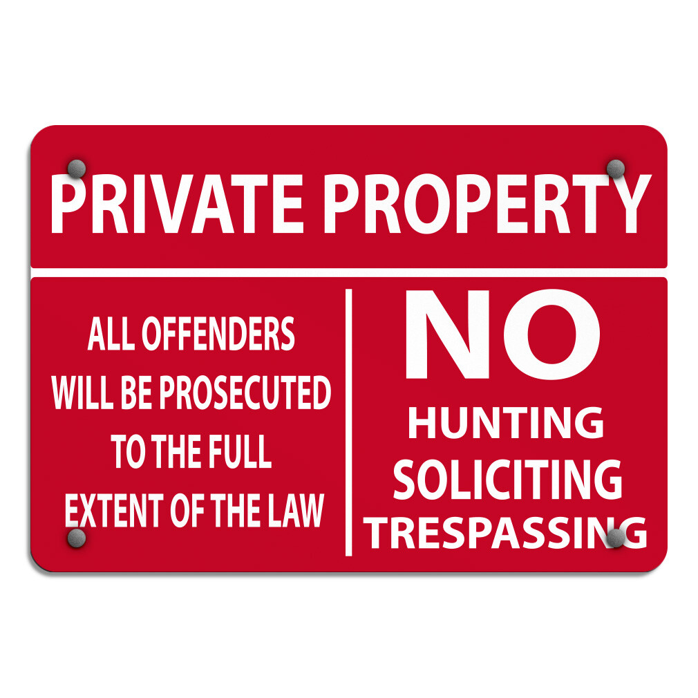 Horizontal Metal Sign No Hunting Soliciting Trespassing Offender Prosecuted Red