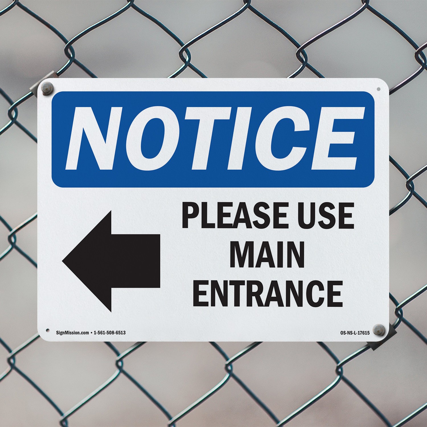 Please Use Main Entrance [Left Arrow] OSHA Notice Sign Or Decal – 5 or 10 Pack