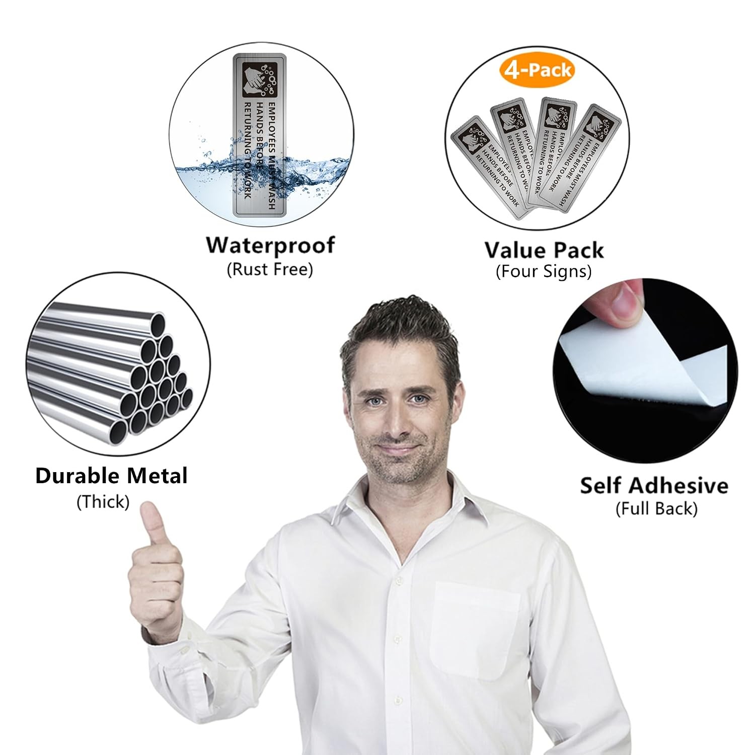 (4 Pack) Employees Must Wash Hands Sign, Self-Adhesive Metal Signage for Bathroo