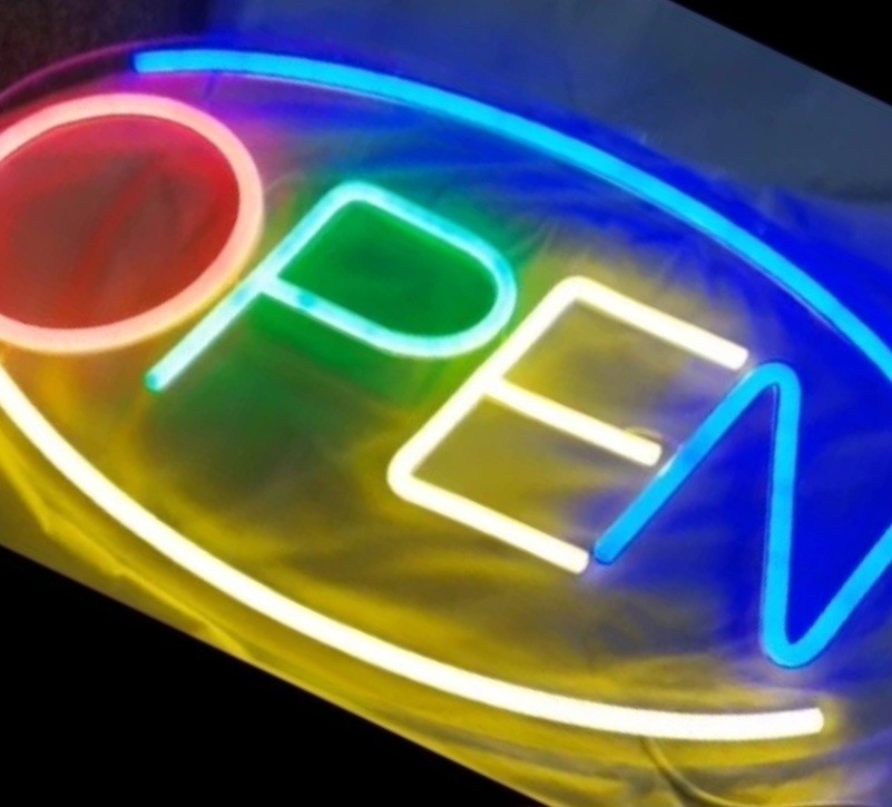 lit Sign “OPEN” multi-colored Illuminated Acrylic Multicolor business sign, fun.