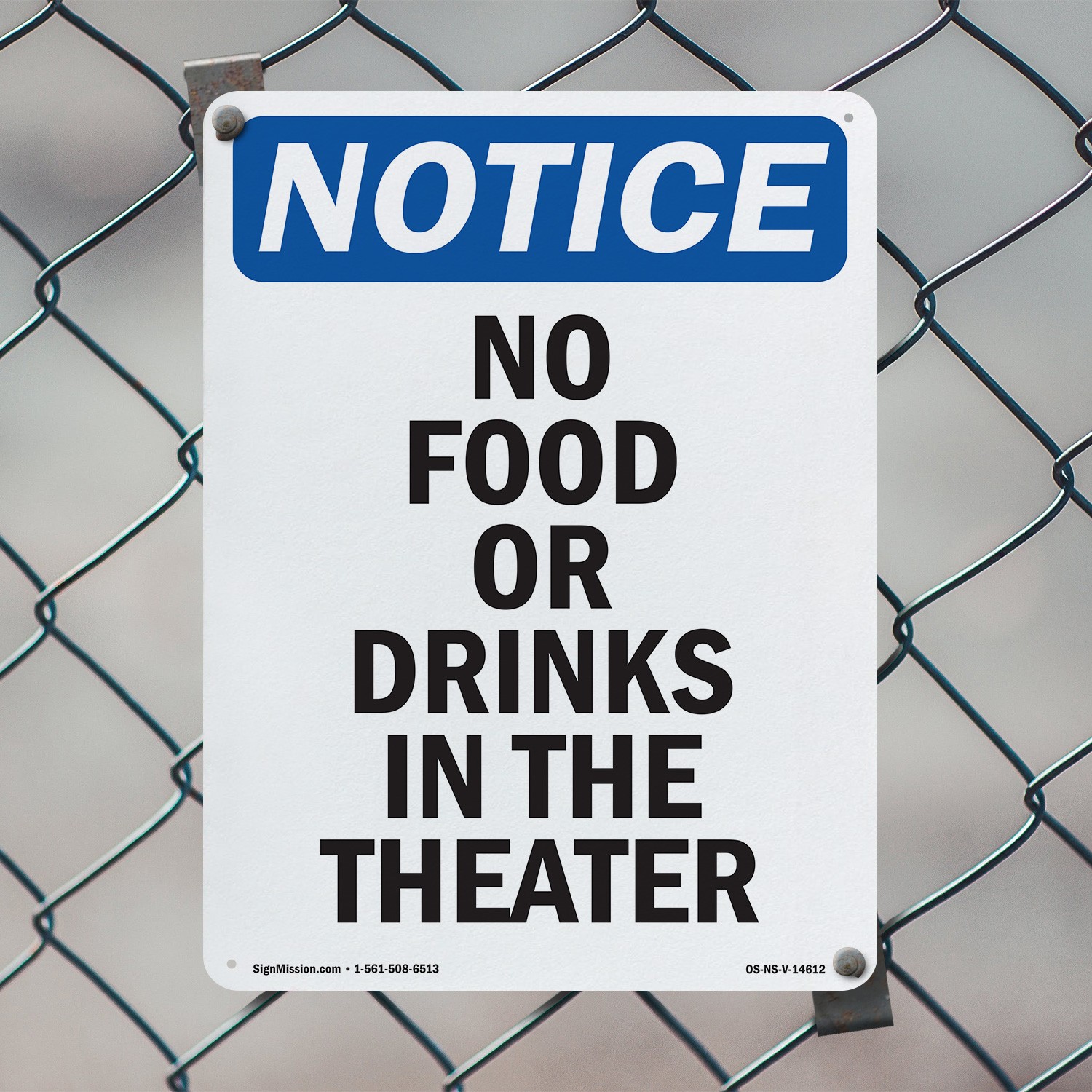 No Food Or Drinks In The Theater OSHA Notice Sign Metal, Decal – 5 or 10 Pack