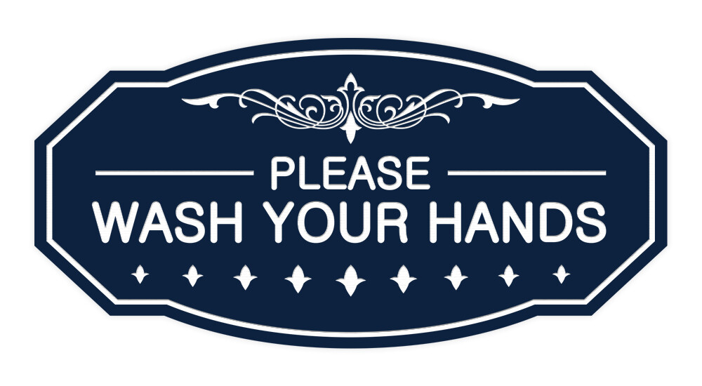 Victorian Please Wash Your Hands Sign (Navy Blue / White) – Medium 4″ X 8″
