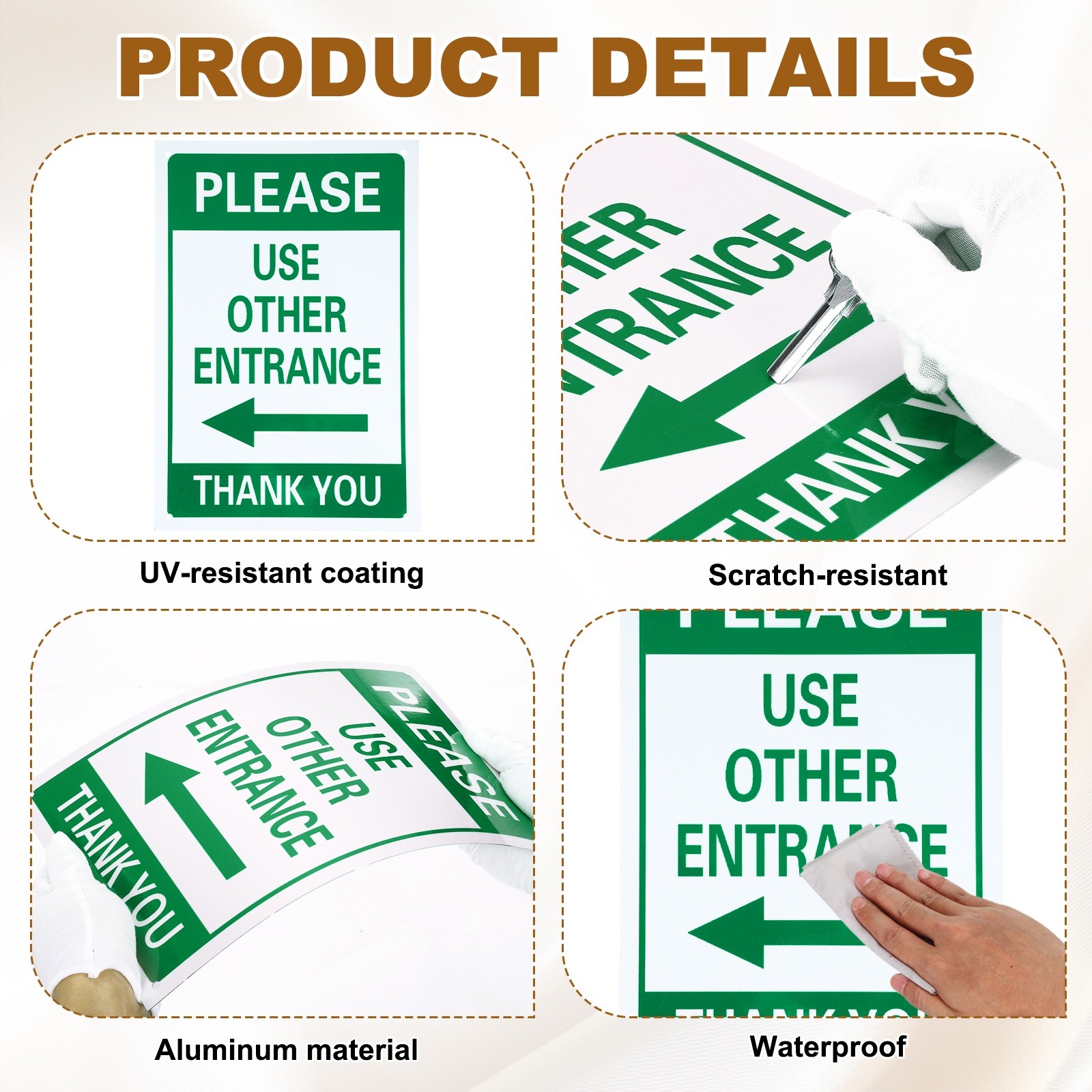 Please Use Other Entrance Thank You Sign, Left Arrow, Dark Green on Light Beige