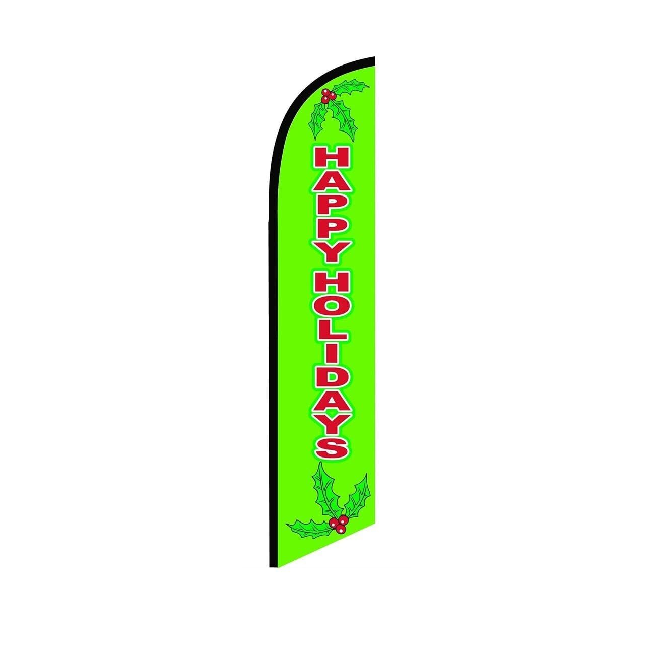 Happy Holidays Green Swooper Flutter Feather Flag | 3ft W x 11.5ft Tall