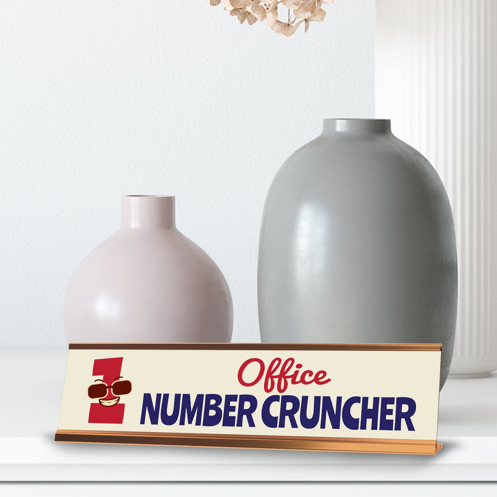 Office Number Cruncher, Gold Frame Desk Sign (2×8)