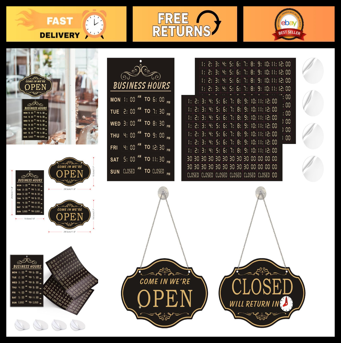 “Double-Sided Open Sign for Business with ‘Will Return’ Clock & Hanging Chain –