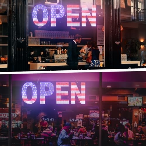 Large Dimmable LED Open Sign – 30×10 inches, US Flag Design, Bright Light for Bu