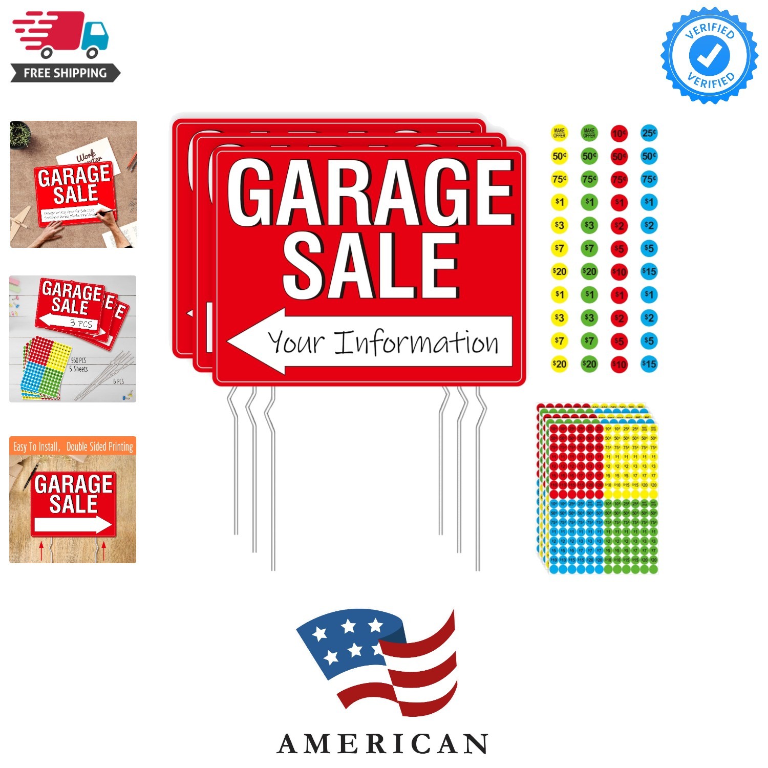 Garage Sale Sign, 3PCS Double Sided Yard Sale Signs with 6 Metal Stakes & 960…
