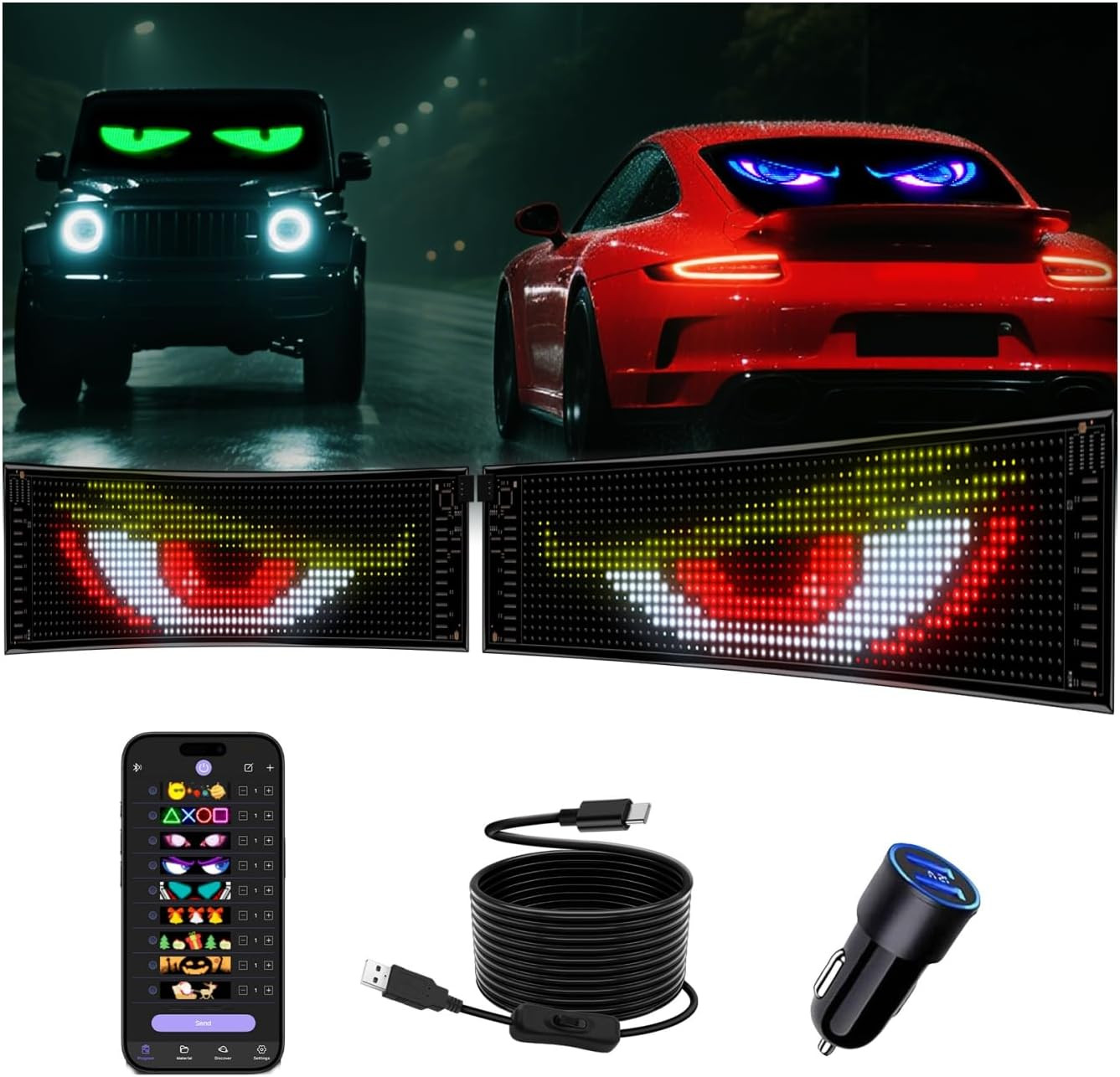 Programmable 2PCS LED Devil Eyes for Cars – Custom Text Windshield Sign