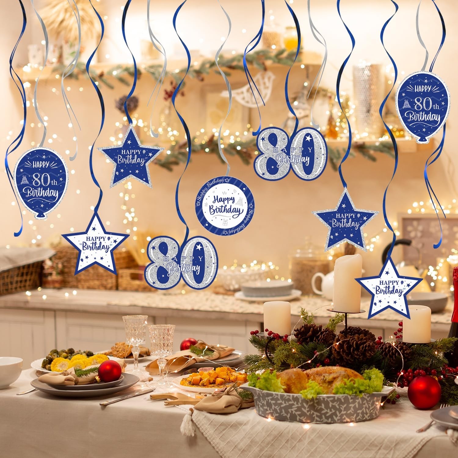 Happy 80th Birthday Blue & Silver Glitter Swirls Streamers Party Decorations …