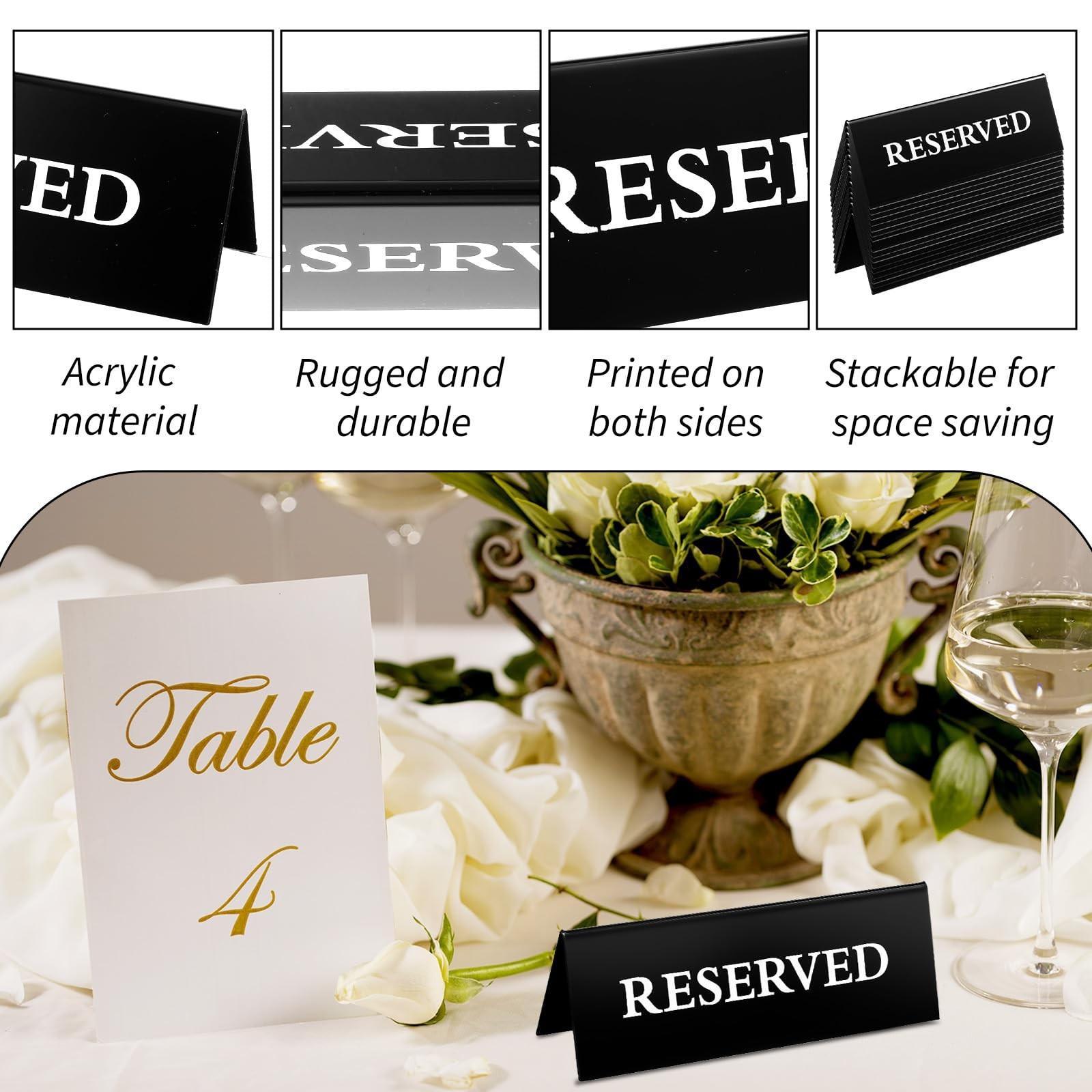 Reserved Table Signs 6×2 Inches Black Acrylic Double Sided Seating 20 PCS