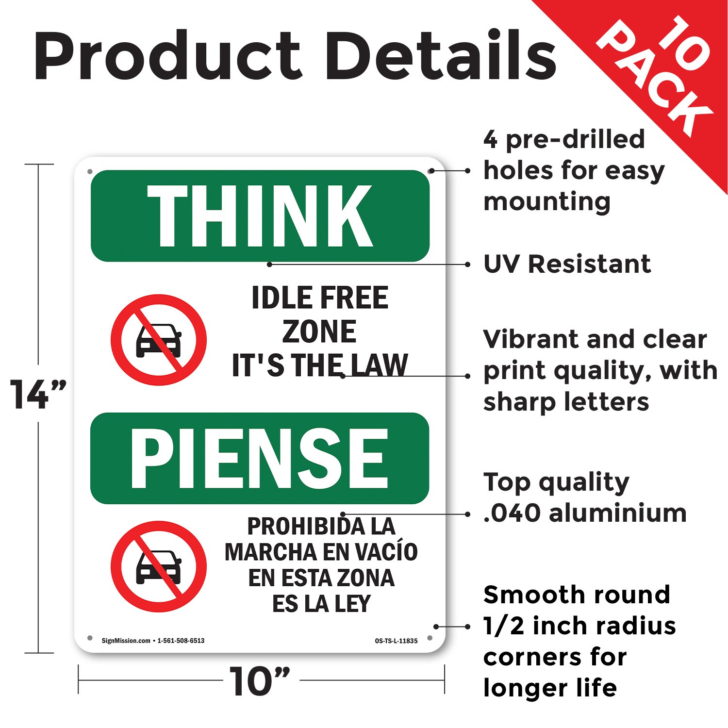 Idle Free Zone It’s The Law Bilingual OSHA Think Sign Or Decal – 5 or 10 Pack