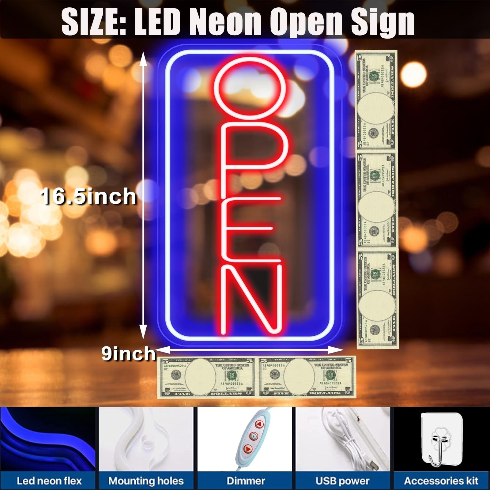 Bright LED Neon Open Sign – 16.5″x9″ Adjustable USB Powered Display for Storefro