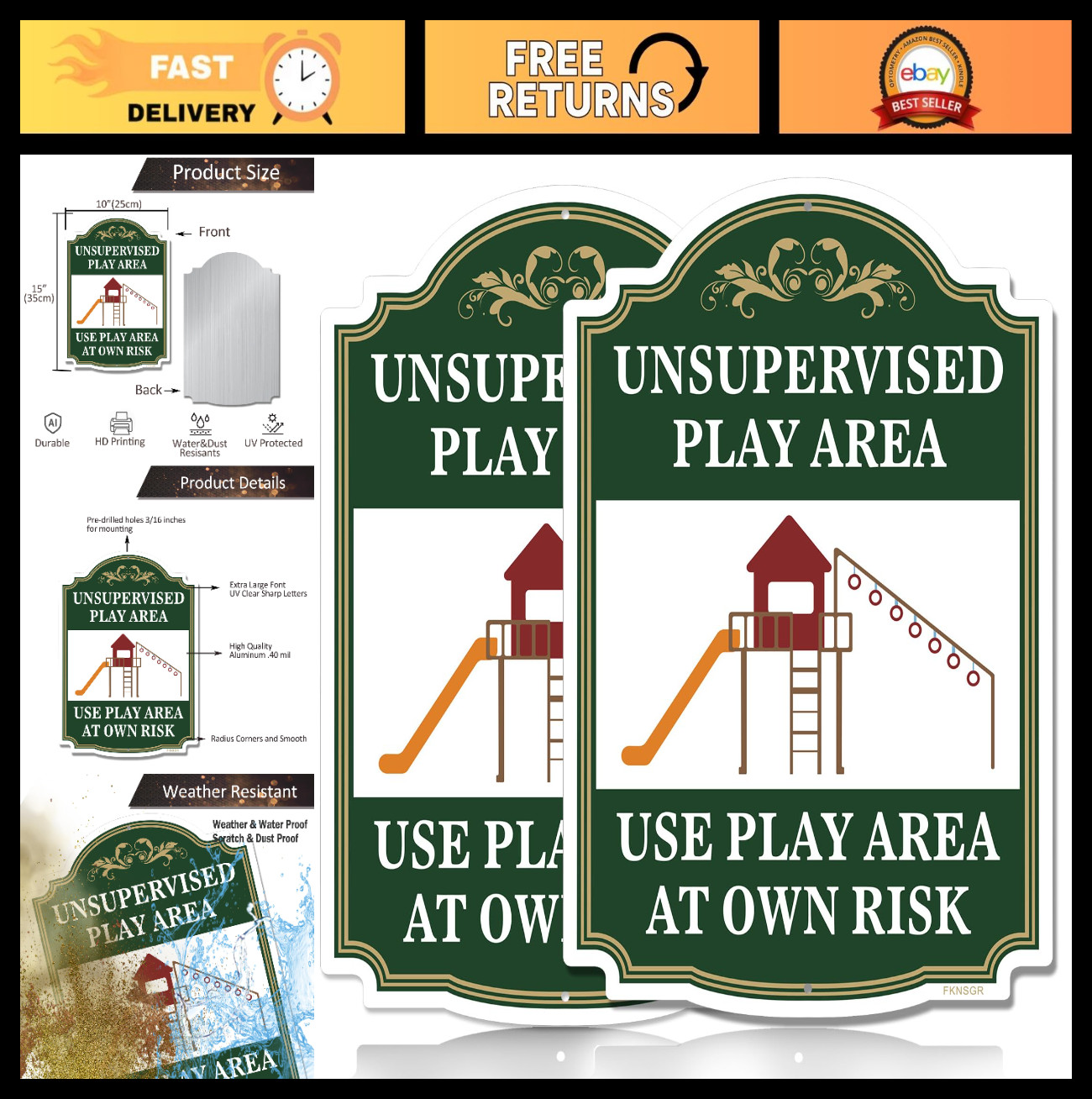 2 Pack Unsupervised Play Area Sign – 10×14 Rust-Free Aluminum, UV Protected, Fad
