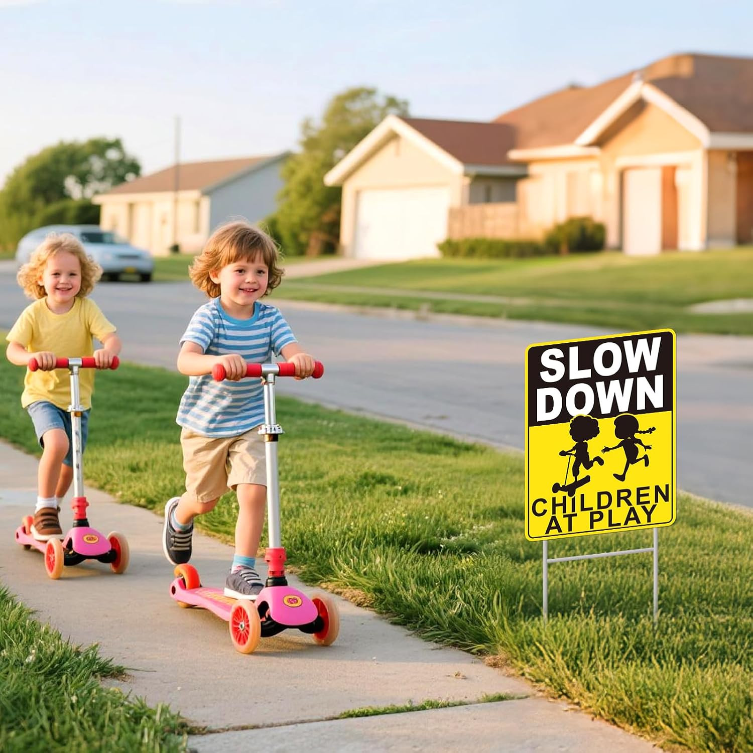 Slow Down Children at Play Signs 2 Pack Weatherproof Yard Signs with Metal Stake