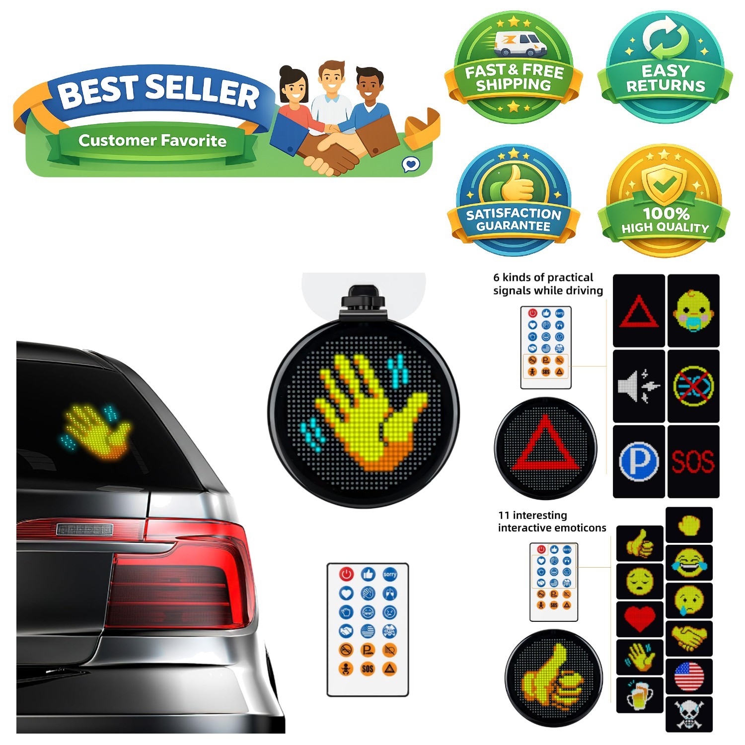 2nd Generation LED Safety Sign for Cars – Fun Scrolling Messages and Gestures
