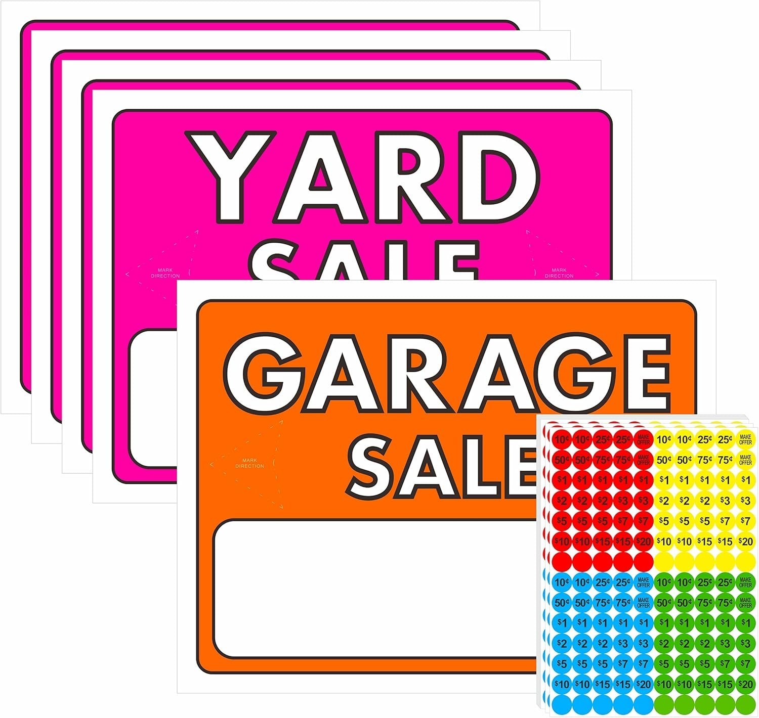 Fluorescent Neon Yard Sale Sign Set – 5 Double-Sided Signs & Pricing Stickers