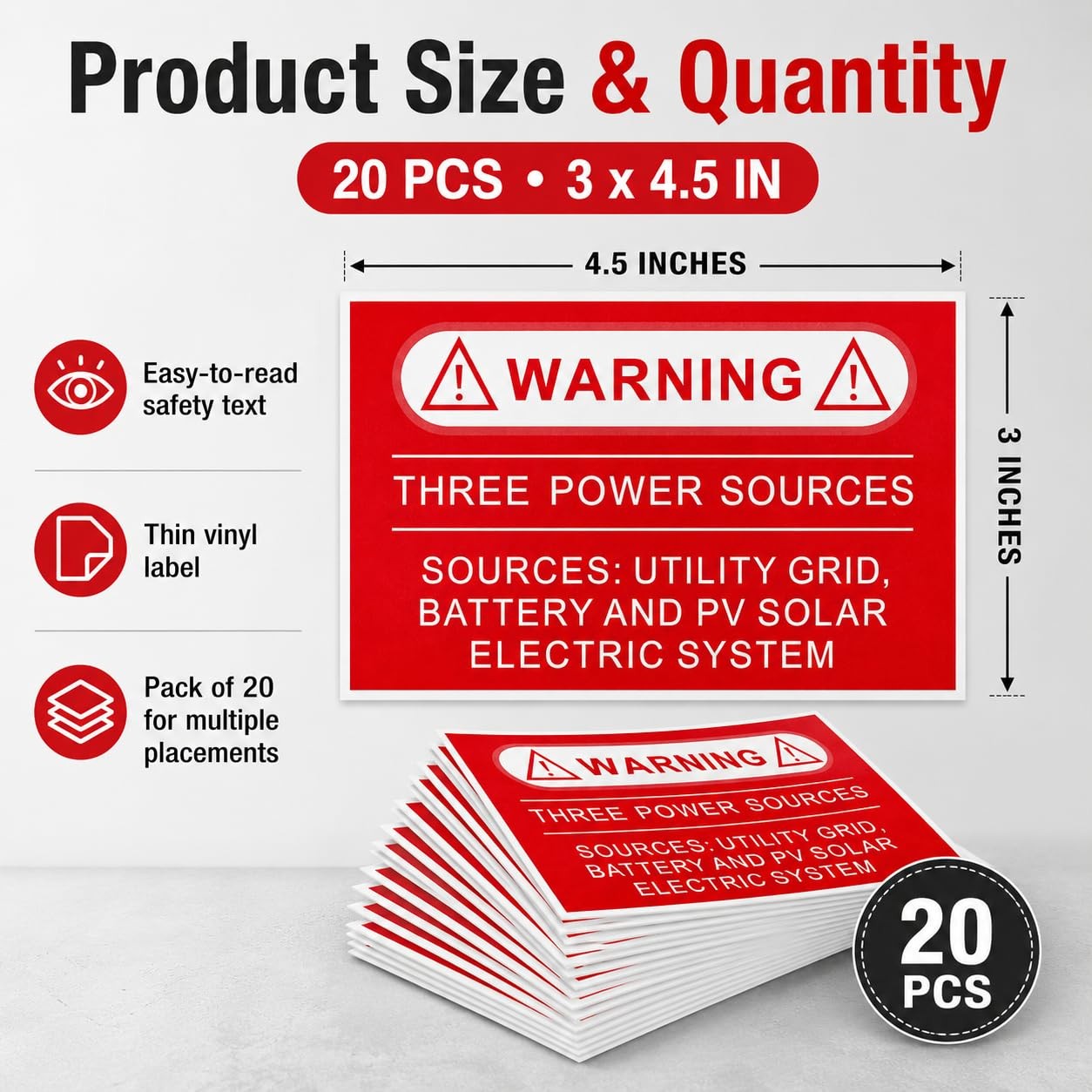 20 PCS Solar Power Supply Warning Stickers,Warning Three Power Sources Label …