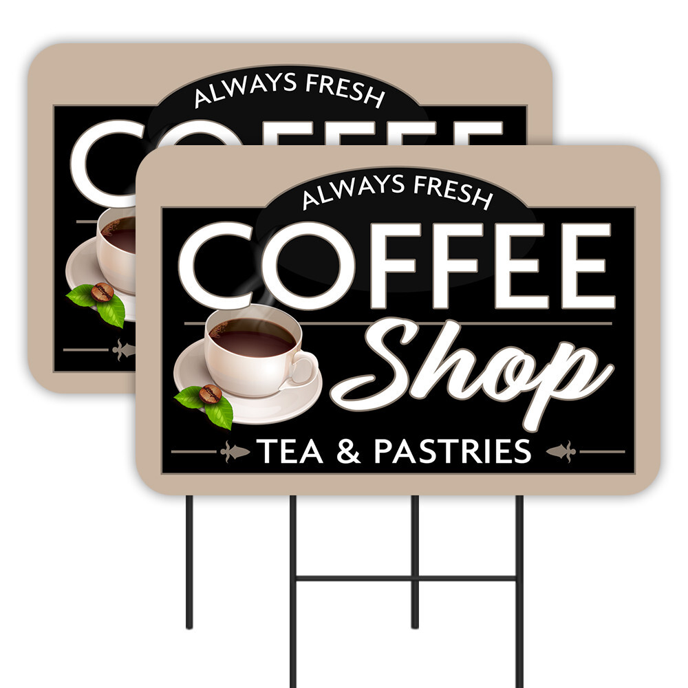 Coffee Shop – Tea & Pastries 2 Pack Double-Sided Yard Signs 16″ x 24″ with Metal