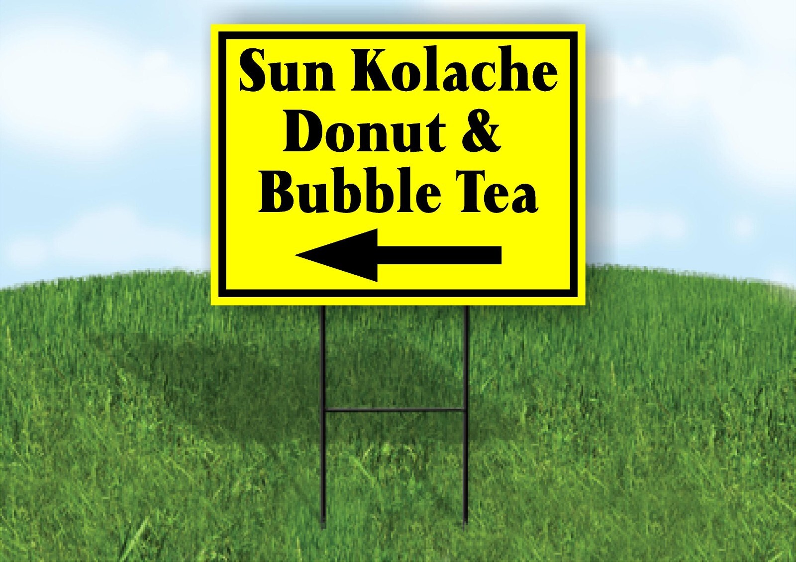 Sun Kolache Donut and Bubble Tea Left Arrow YELLOW Yard Sign with Stand
